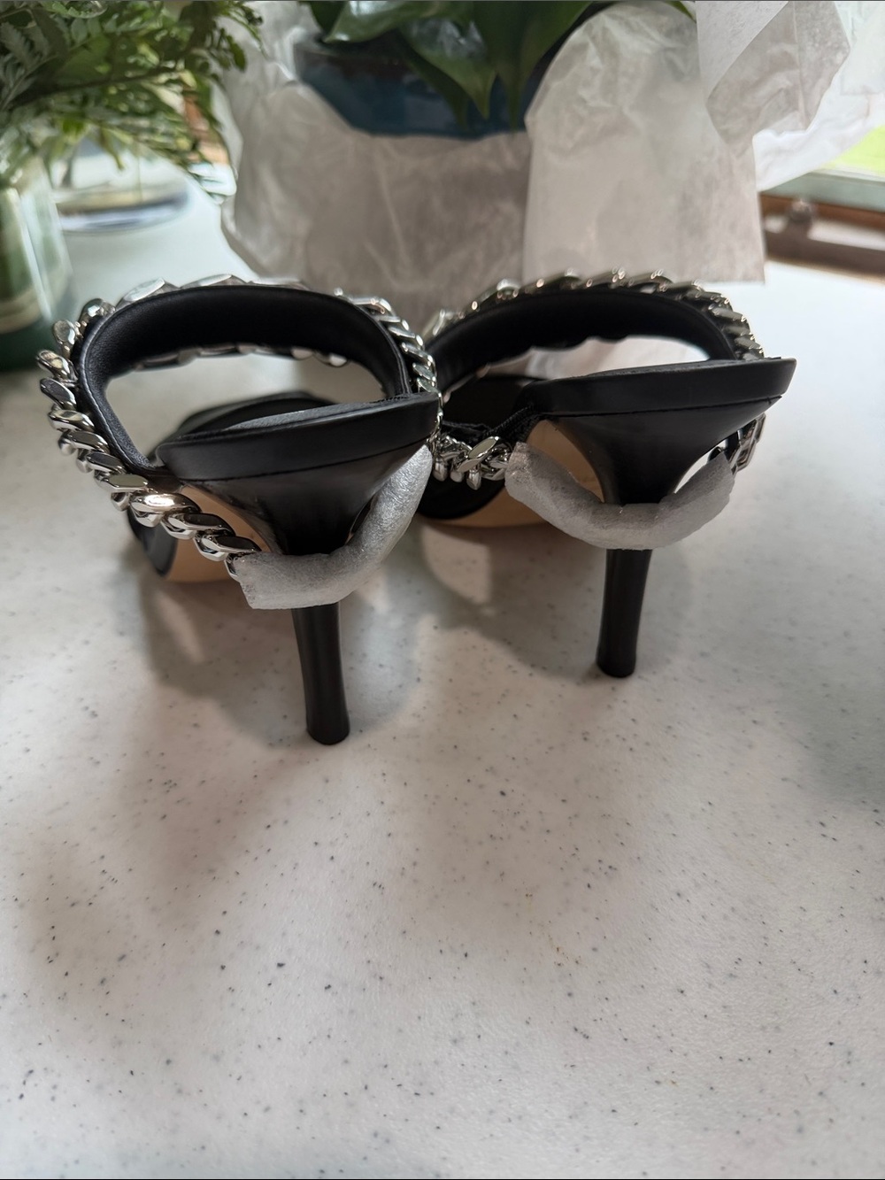NIB Michael Kors Black Leather Chain-Trim Heeled Slide Sandals - Picture 3 of 7